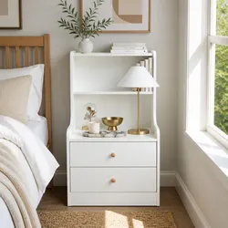 Sleek Nightstand with Dual Shelves and Drawers White