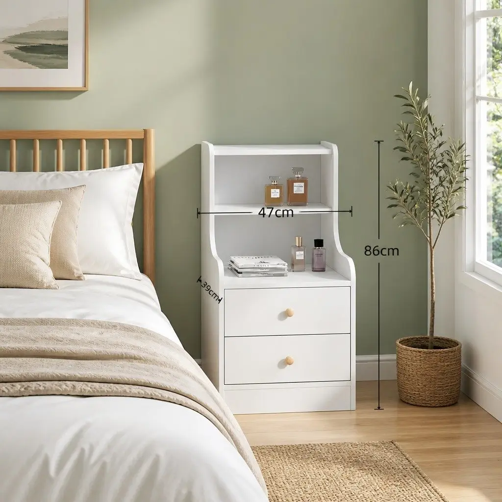 Bedside Table White 83x32x60cm 2 Drawers 2 Open Shelves