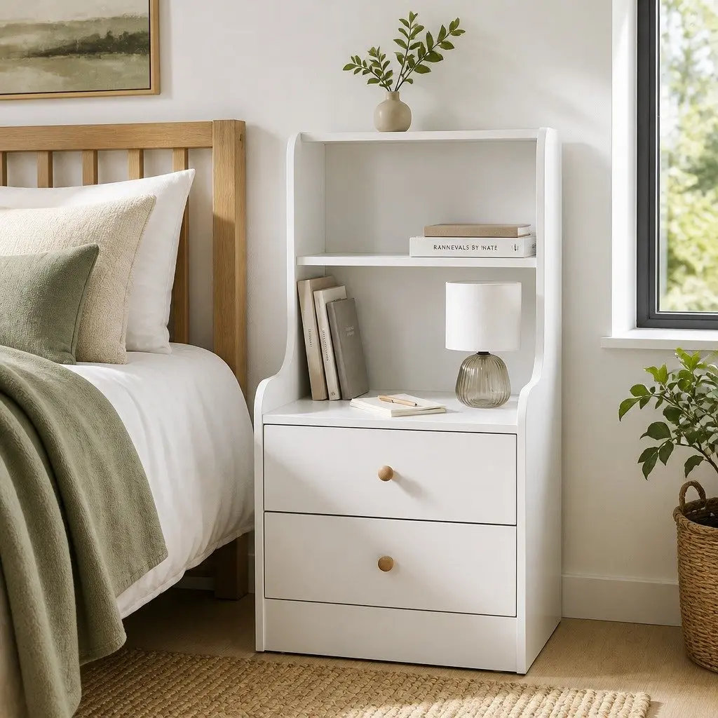 Bedside Table White 83x32x60cm 2 Drawers 2 Open Shelves