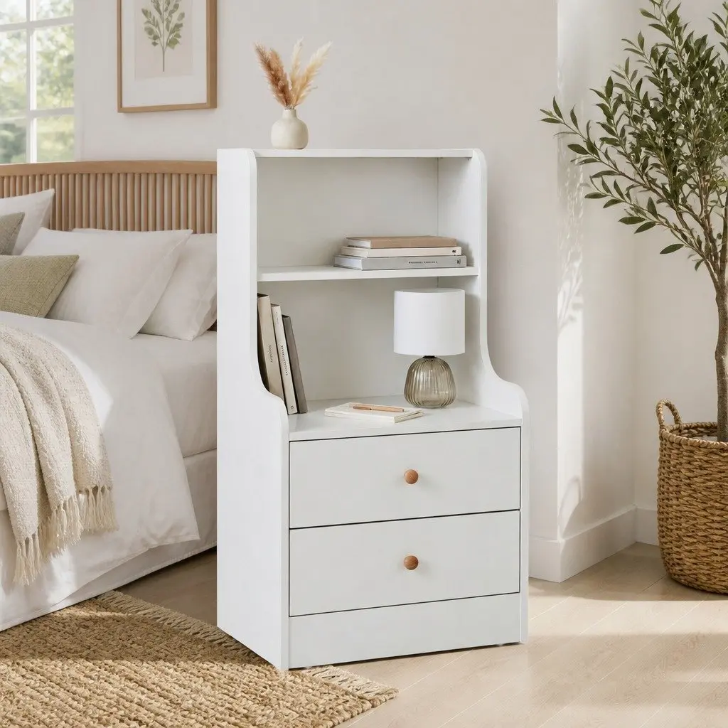 Bedside Table White 83x32x60cm 2 Drawers 2 Open Shelves