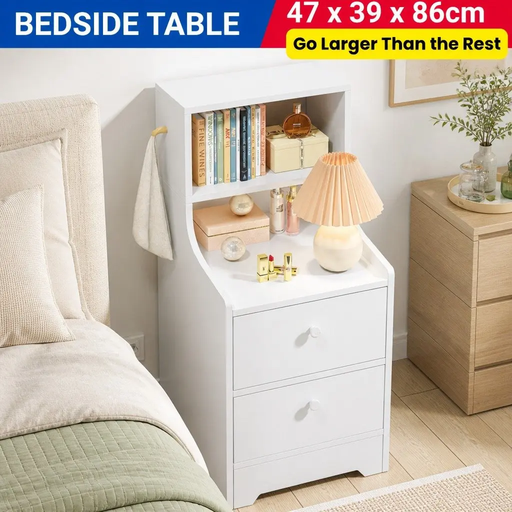 Bedside Table White 83x32x60cm 2 Drawers 2 Open Shelves