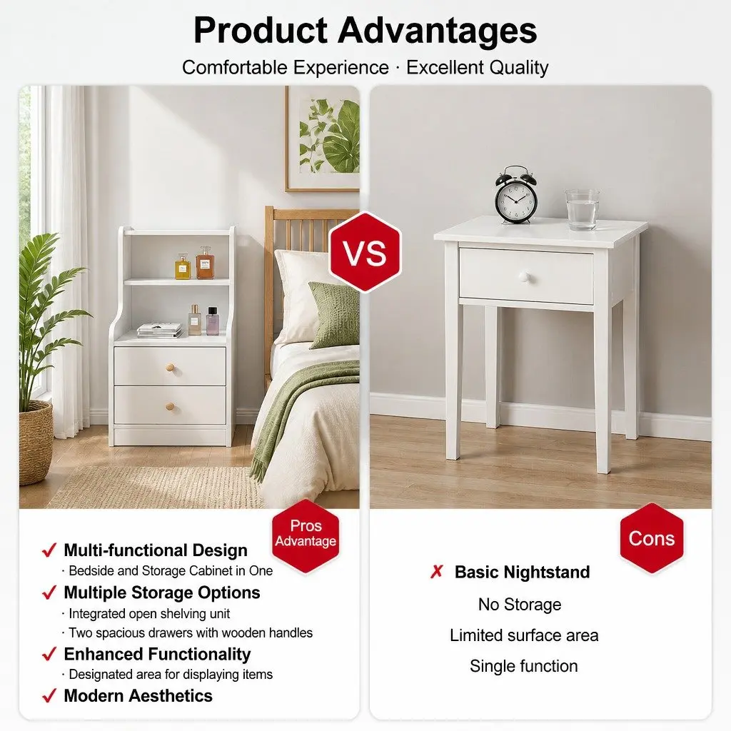 Bedside Table White 83x32x60cm 2 Drawers 2 Open Shelves