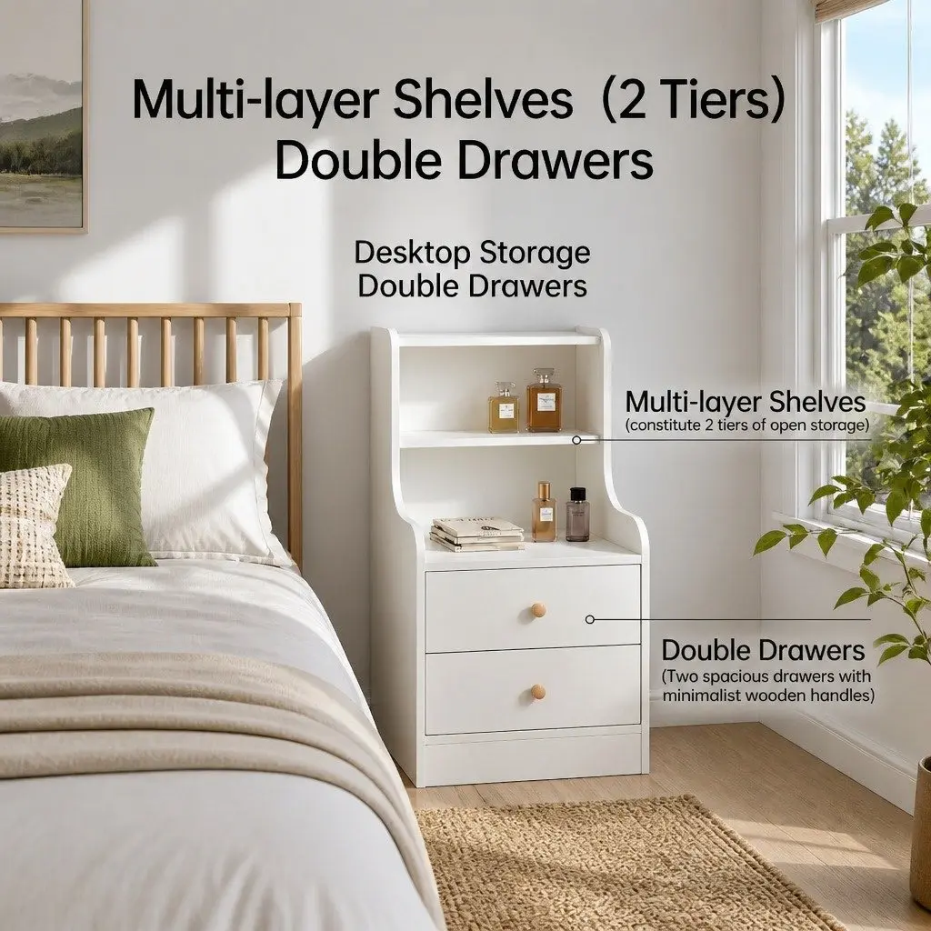 Bedside Table White 83x32x60cm 2 Drawers 2 Open Shelves