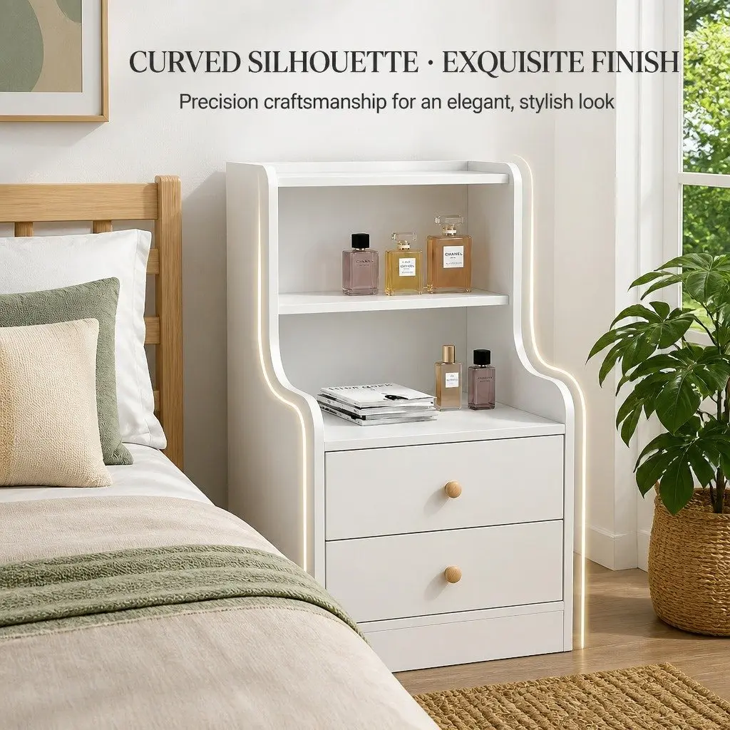 Bedside Table White 83x32x60cm 2 Drawers 2 Open Shelves