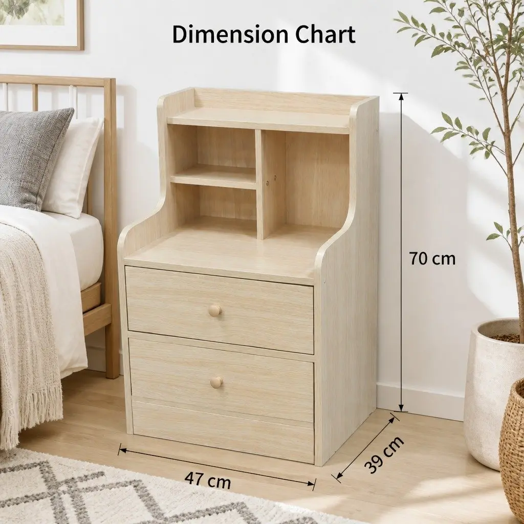 Bedside Table Light Wood 67cm 2 Drawers Open Storage