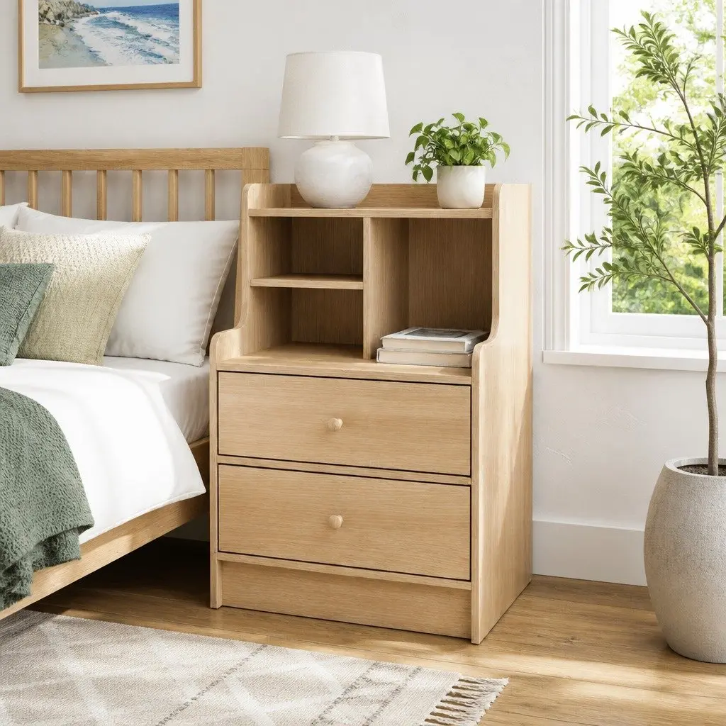 Bedside Table Light Wood 67cm 2 Drawers Open Storage