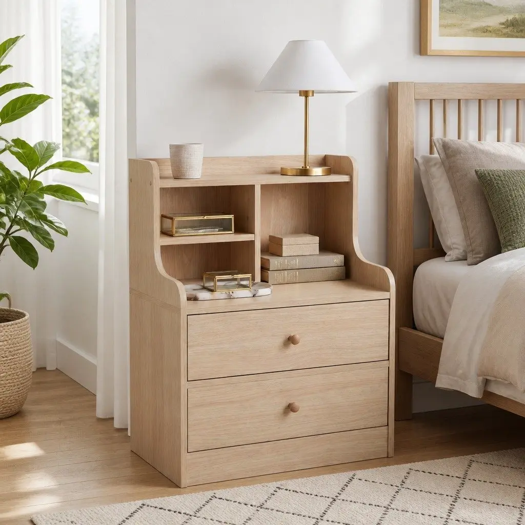 Bedside Table Light Wood 67cm 2 Drawers Open Storage