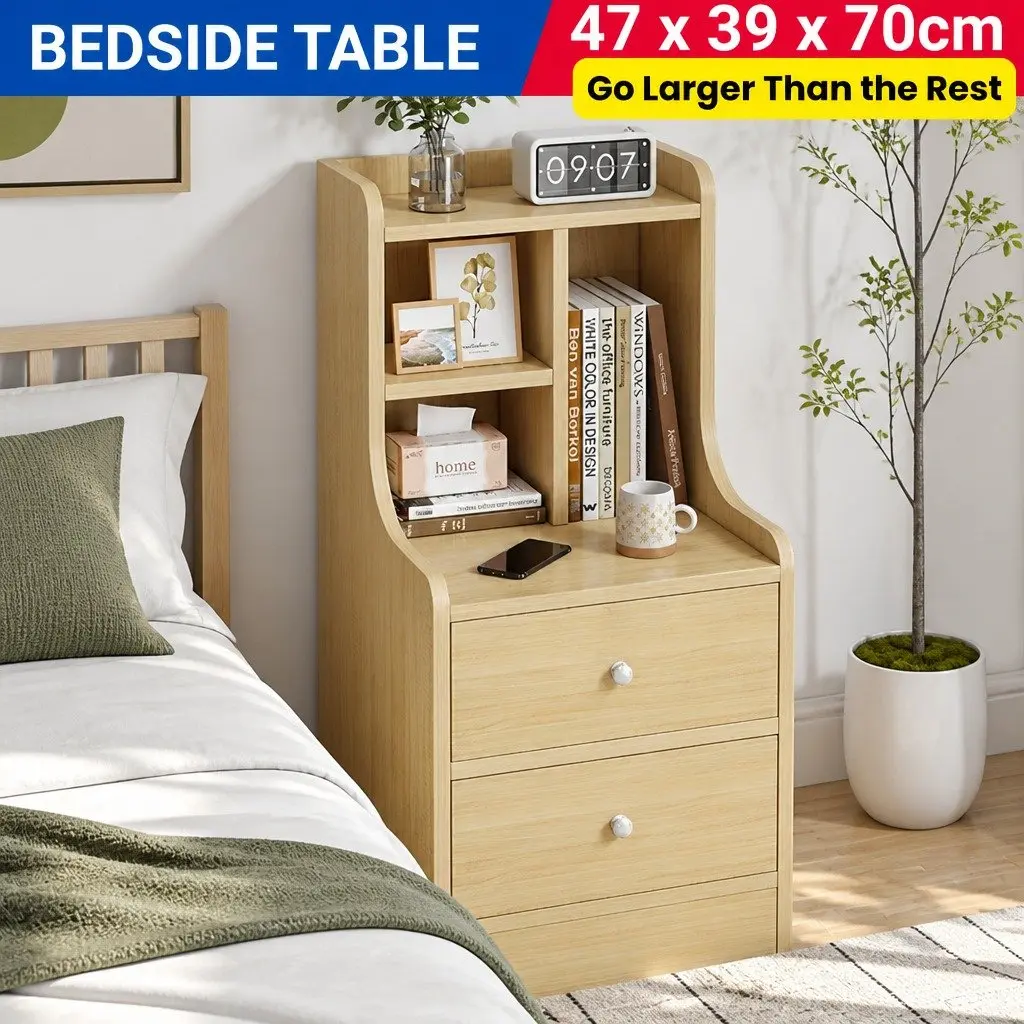 Bedside Table Light Wood 67cm 2 Drawers Open Storage