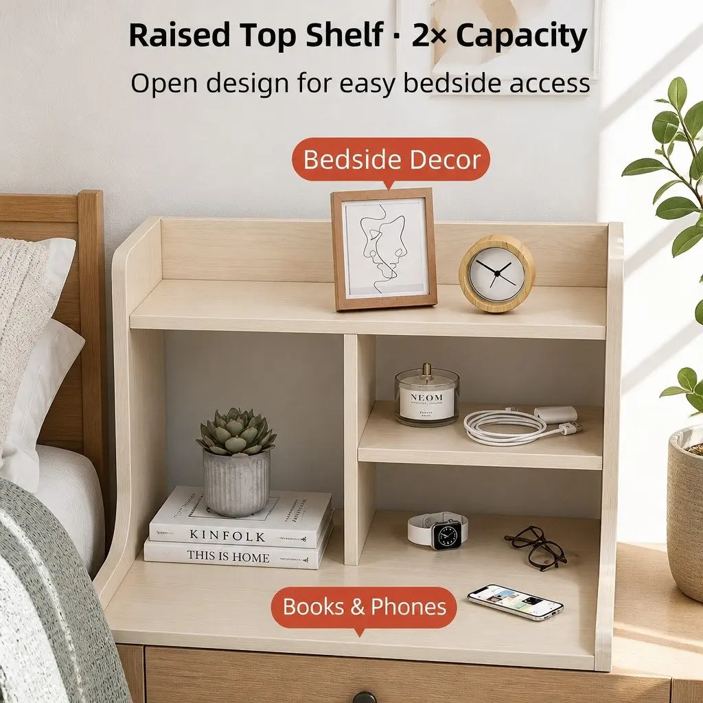 Bedside Table Light Wood 67cm 2 Drawers Open Storage