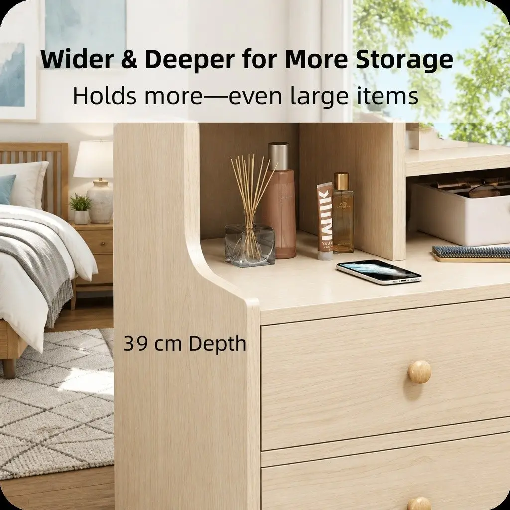 Bedside Table Light Wood 67cm 2 Drawers Open Storage