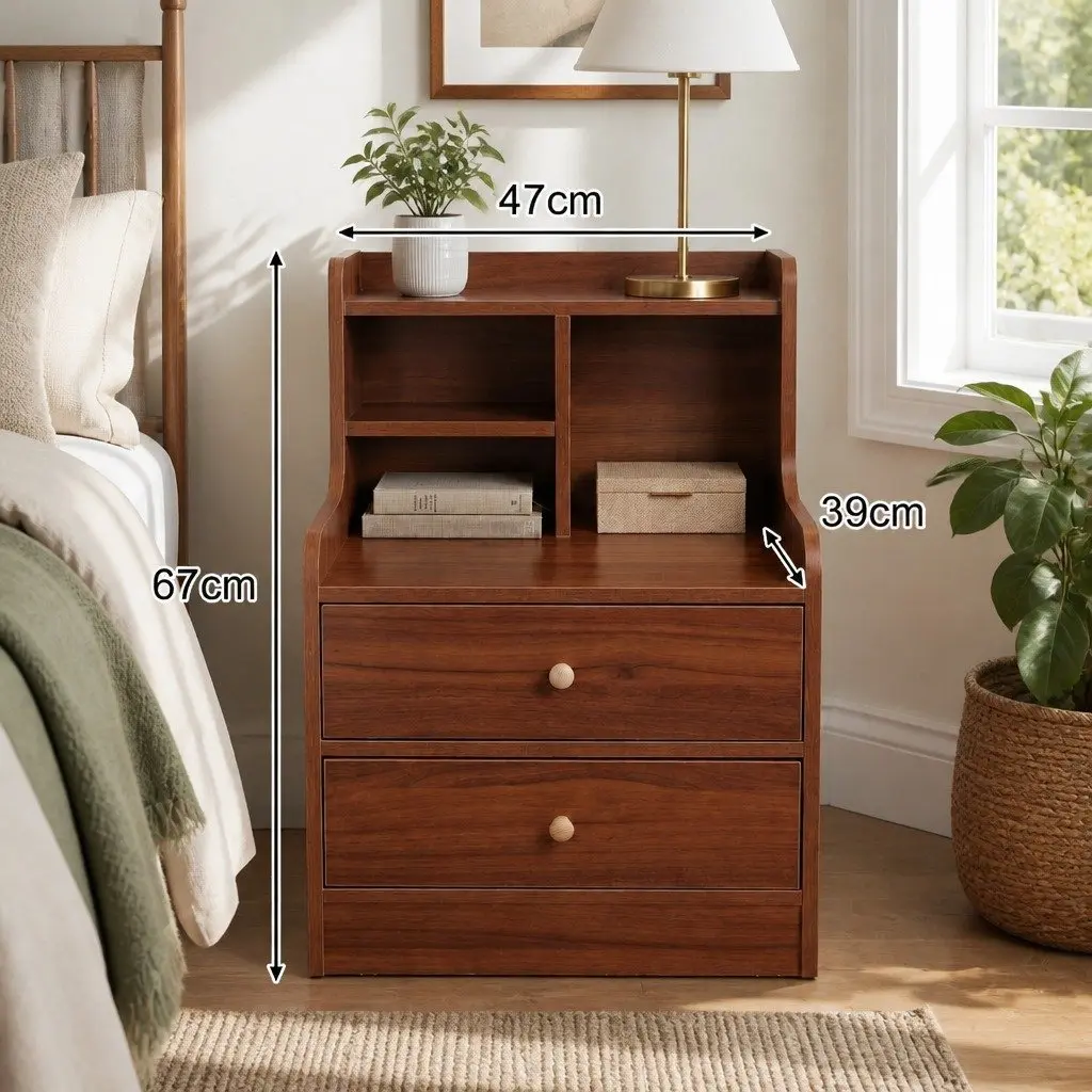 Bedside Table Reddish-Brown 70cm 2 Drawers Compartment