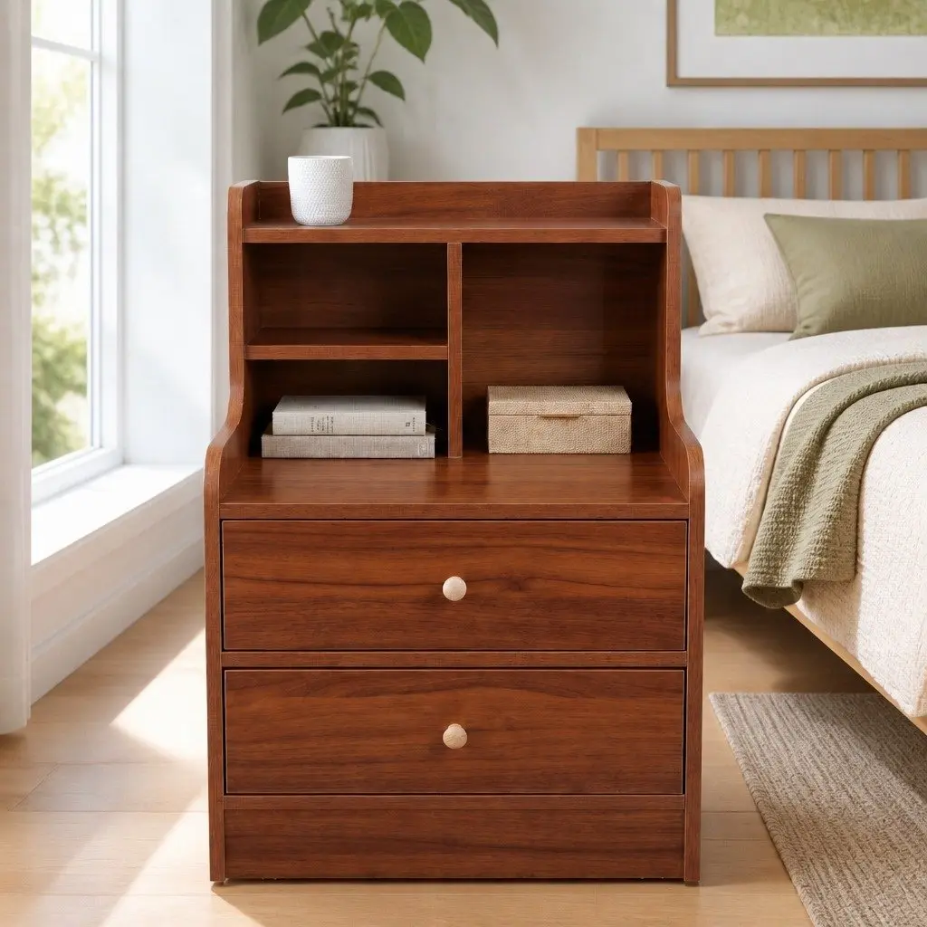Bedside Table Reddish-Brown 70cm 2 Drawers Compartment