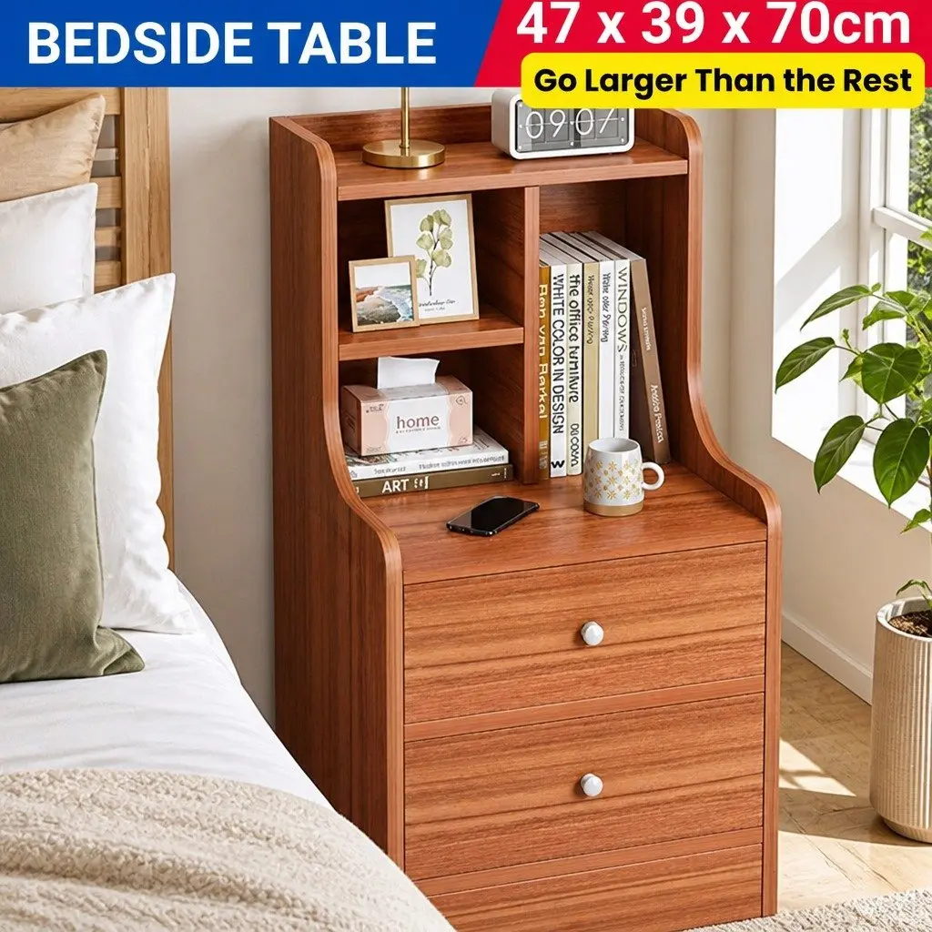 Bedside Table Reddish-Brown 70cm 2 Drawers Compartment