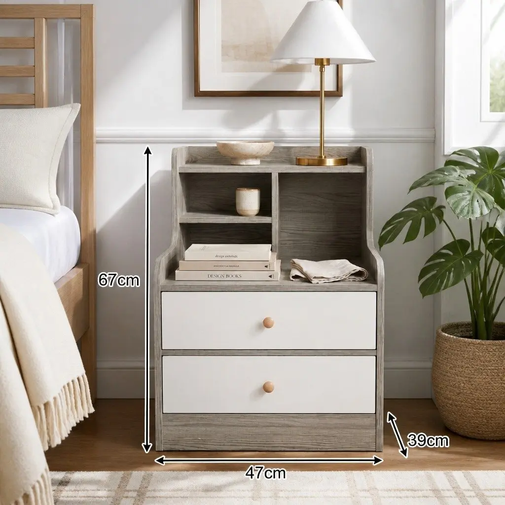 Bedside Table Nightstand Curved Design Wood Grain Light Gray White Fronts Drawer