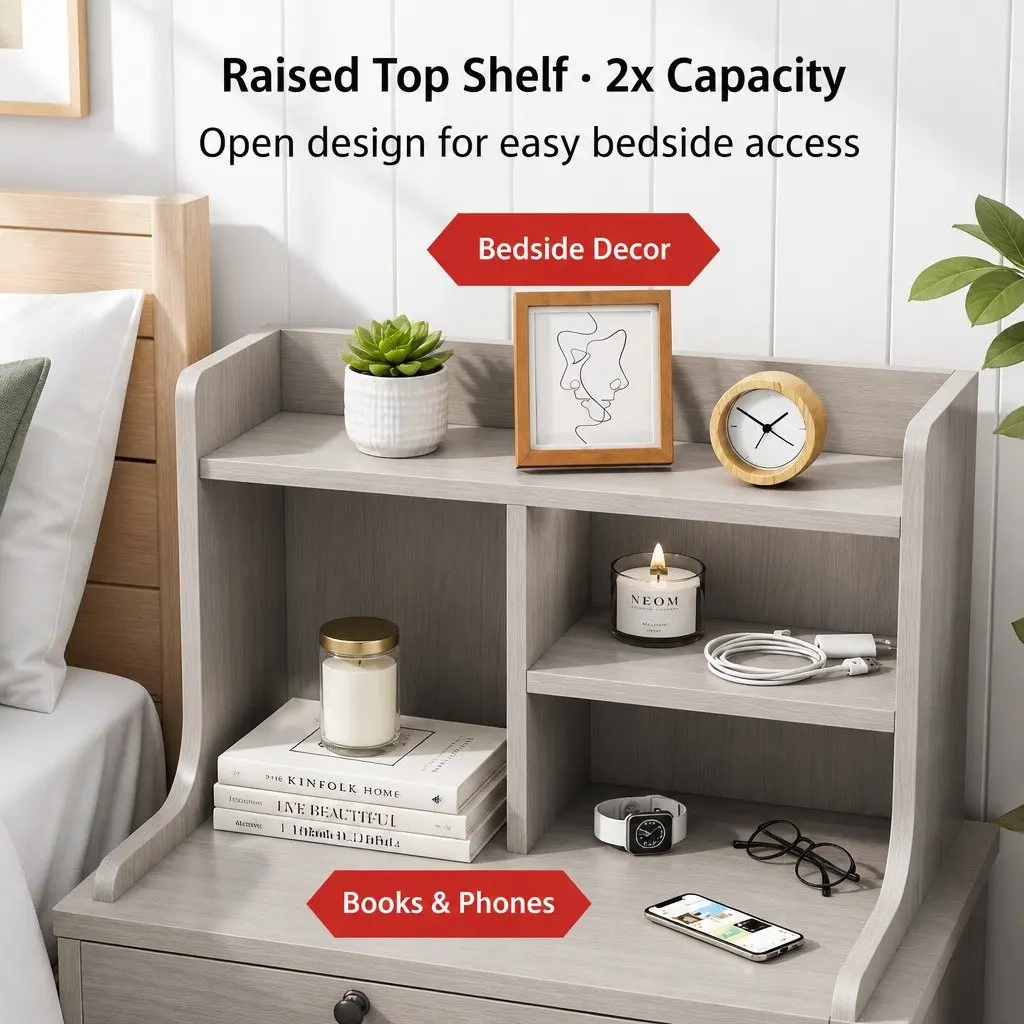 Bedside Table Nightstand Curved Design Wood Grain Light Gray White Fronts Drawer