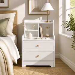 White Bedside Table Nightstand Wooden Drawers Storage Curved Sides Design