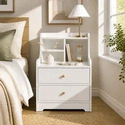 Sleek White Bedside Table with Multi-functional Design