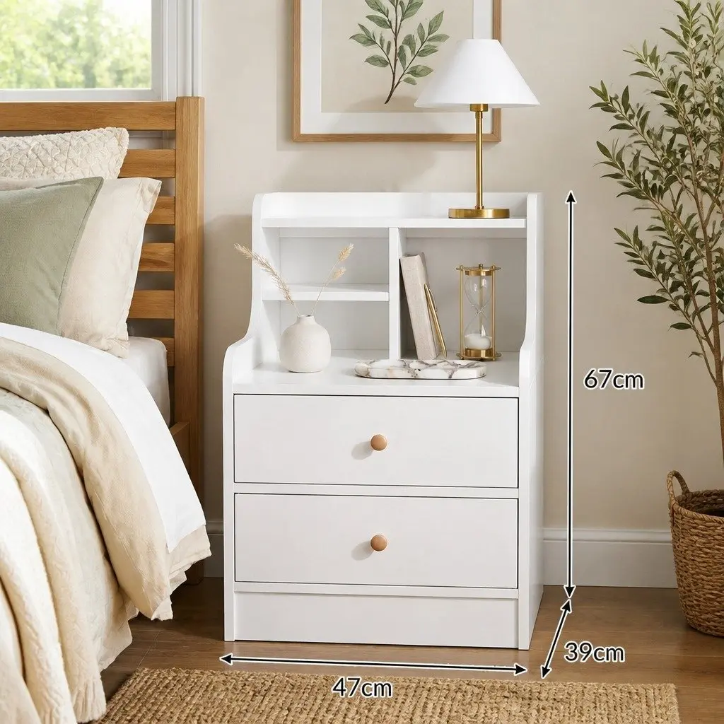 Bedside Table White 67cm 2 Drawers Curved Sides