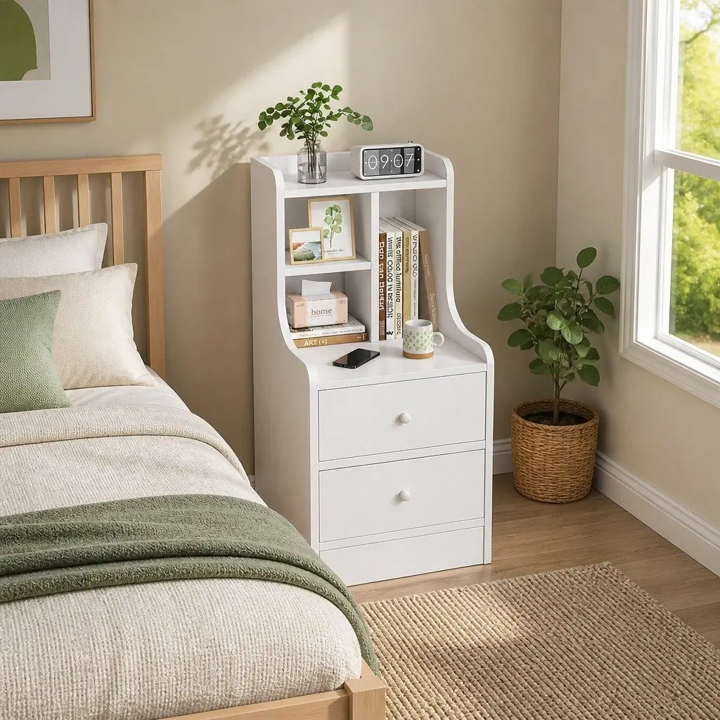 Bedside Table White 67cm 2 Drawers Curved Sides
