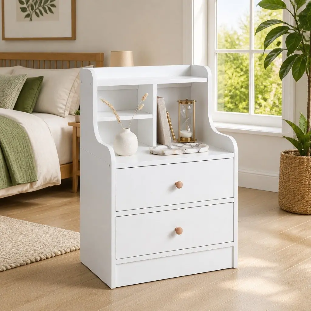 Bedside Table White 67cm 2 Drawers Curved Sides