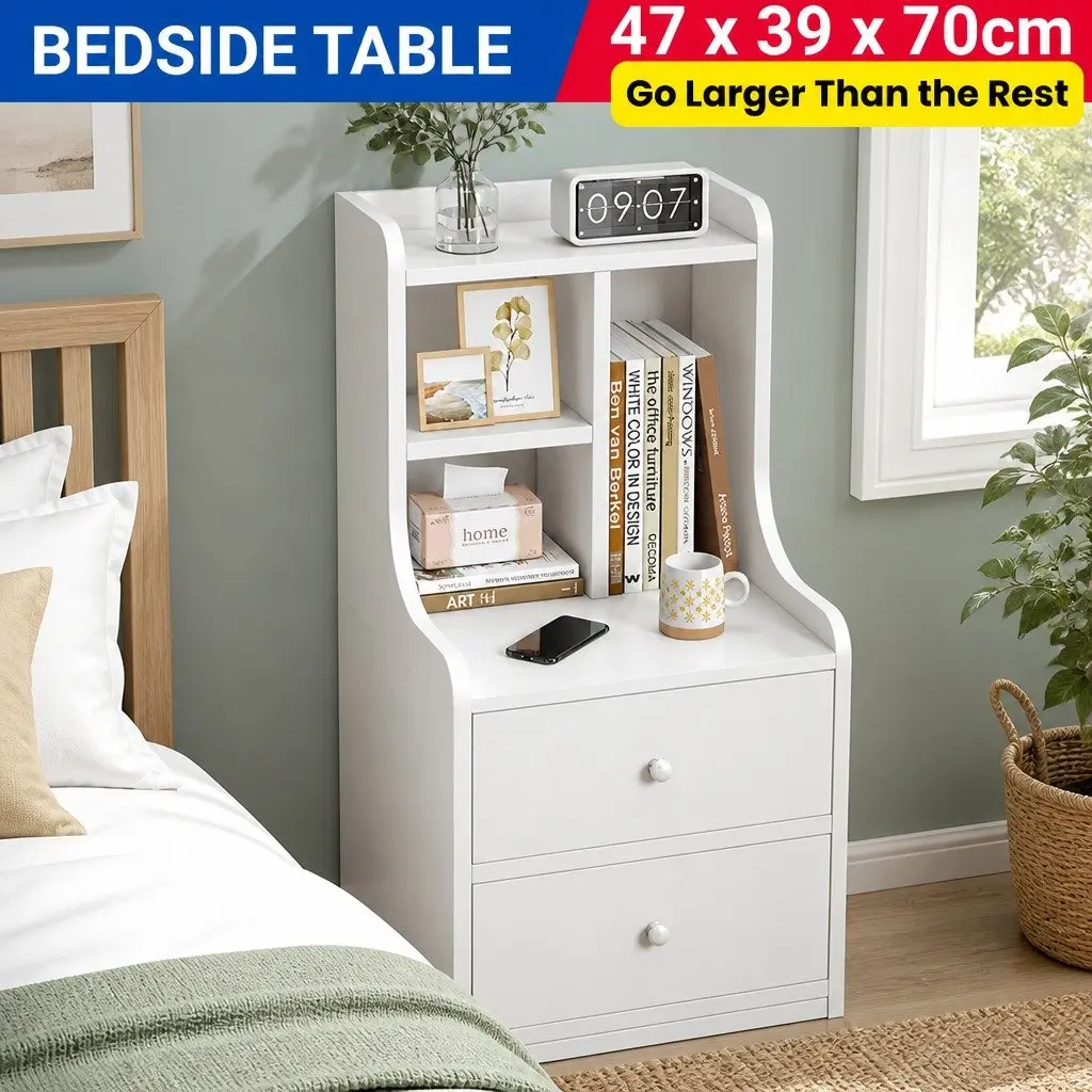 Bedside Table White 67cm 2 Drawers Curved Sides