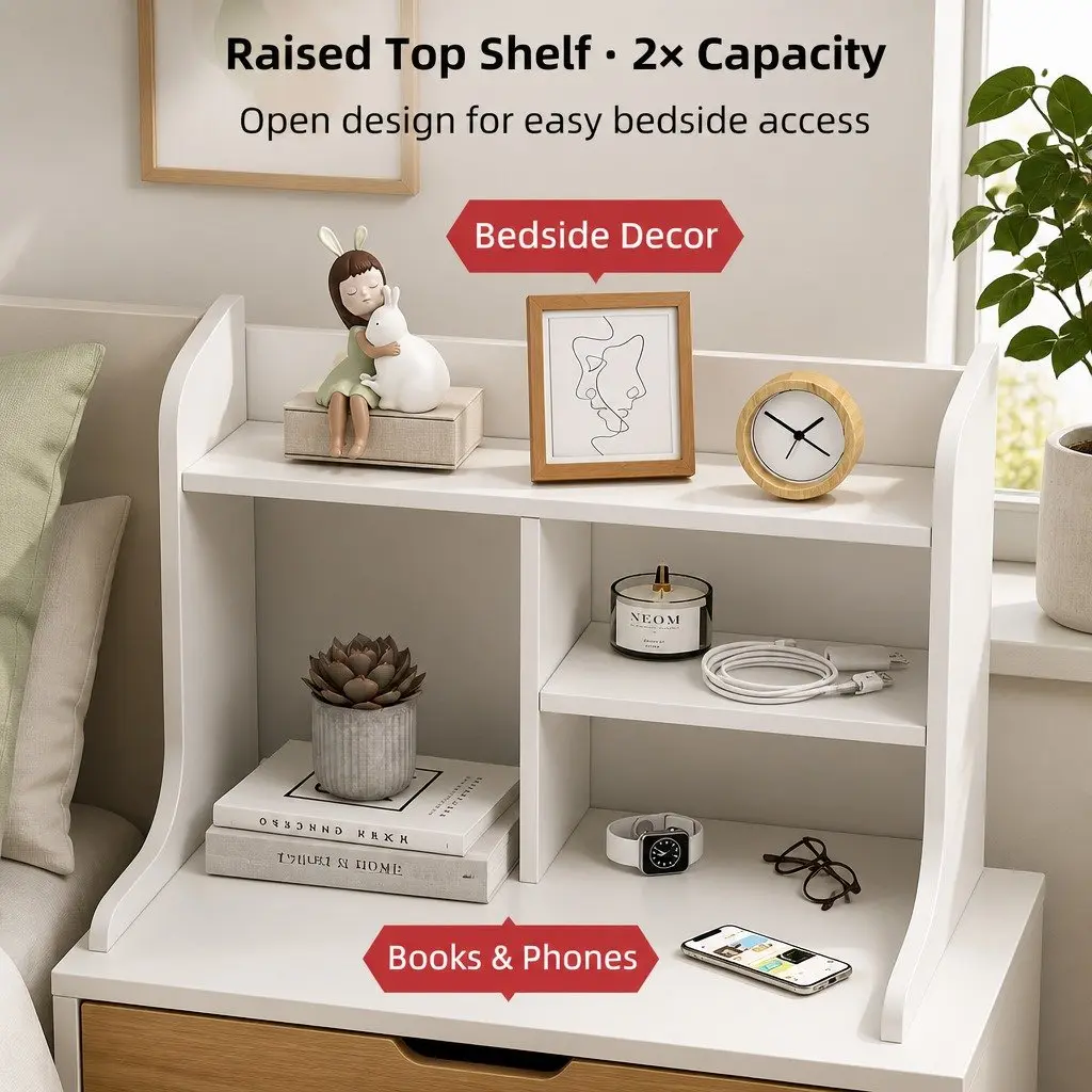 Bedside Table White 67cm 2 Drawers Curved Sides