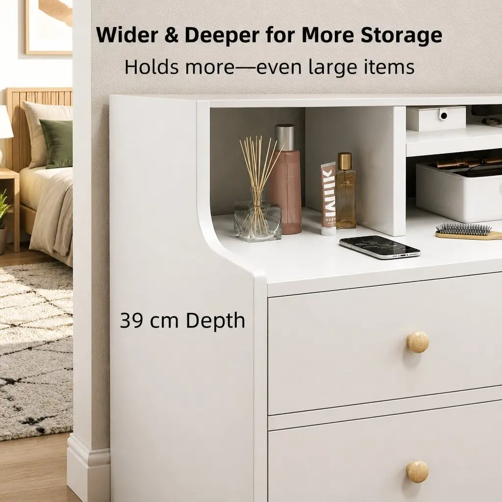 Bedside Table White 67cm 2 Drawers Curved Sides