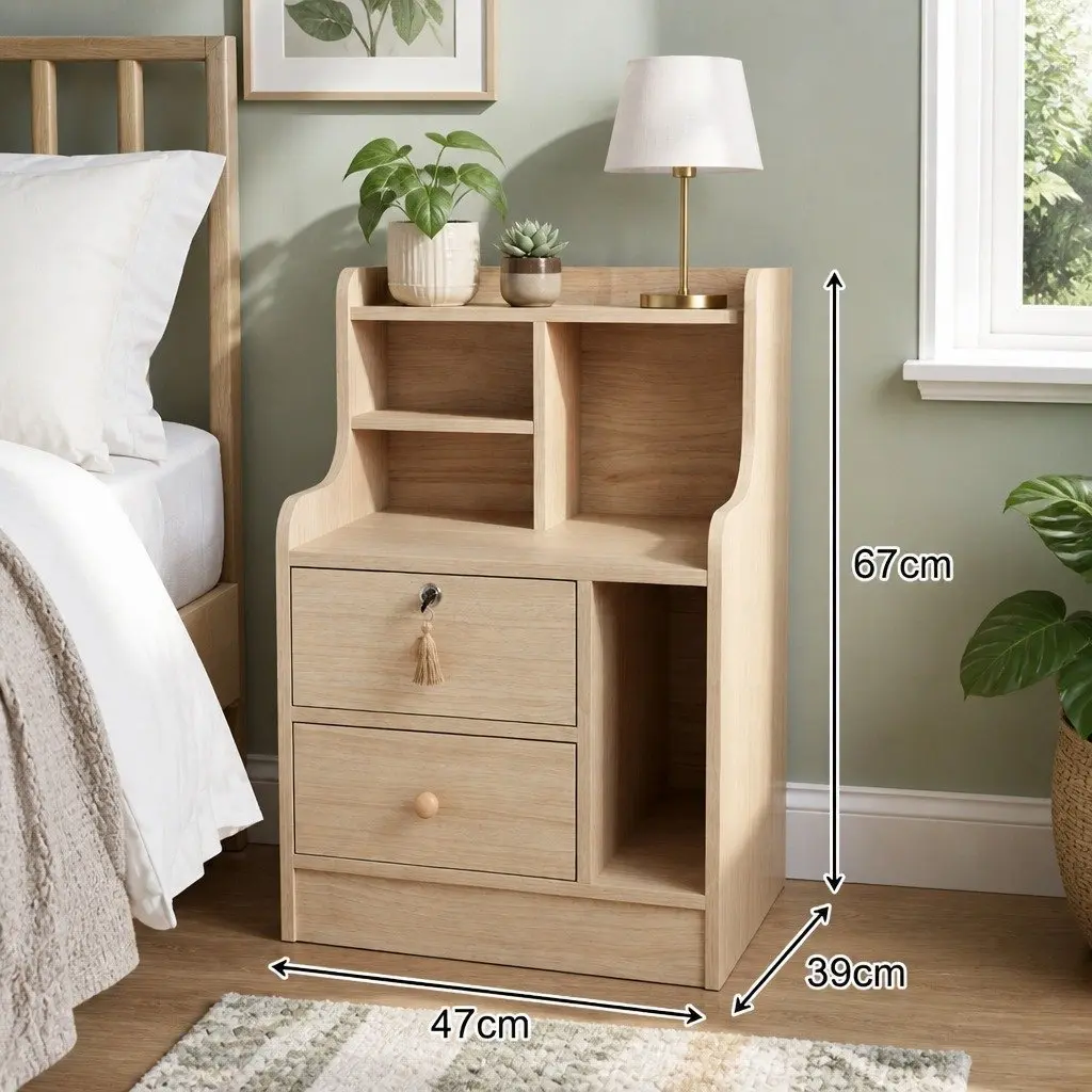 Bedside Table Light Wood 70cm 2 Drawers Open Shelf