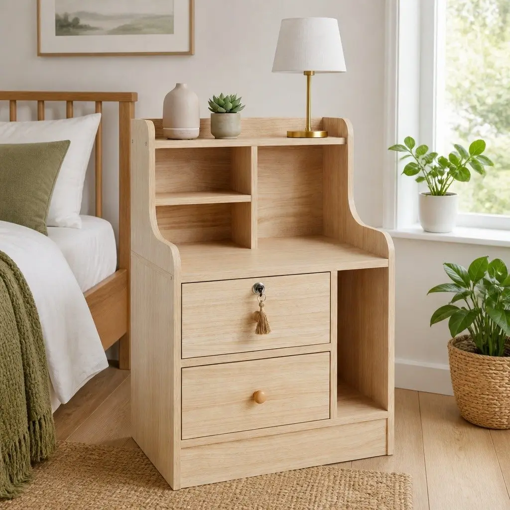 Bedside Table Light Wood 70cm 2 Drawers Open Shelf