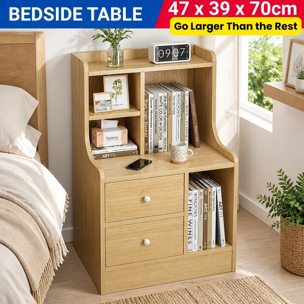 Bedside Table Light Wood 70cm 2 Drawers Open Shelf