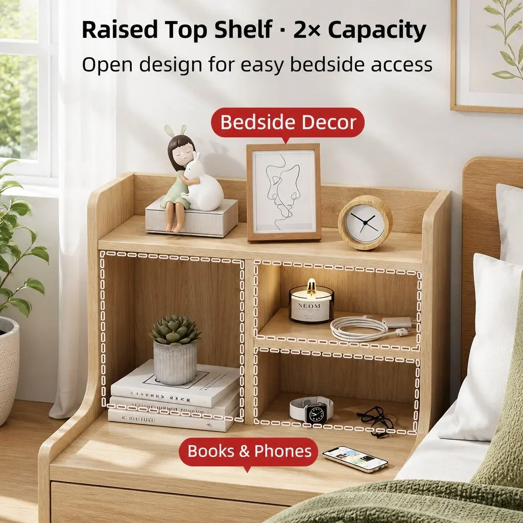 Bedside Table Light Wood 70cm 2 Drawers Open Shelf