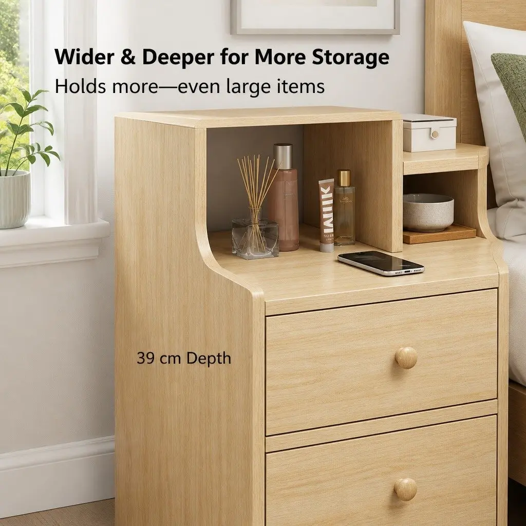 Bedside Table Light Wood 70cm 2 Drawers Open Shelf