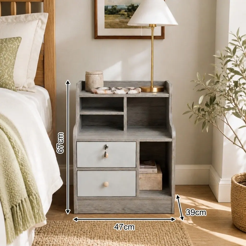 Bedside Table Light Gray 70cm 2 Drawers Open Shelf Storage