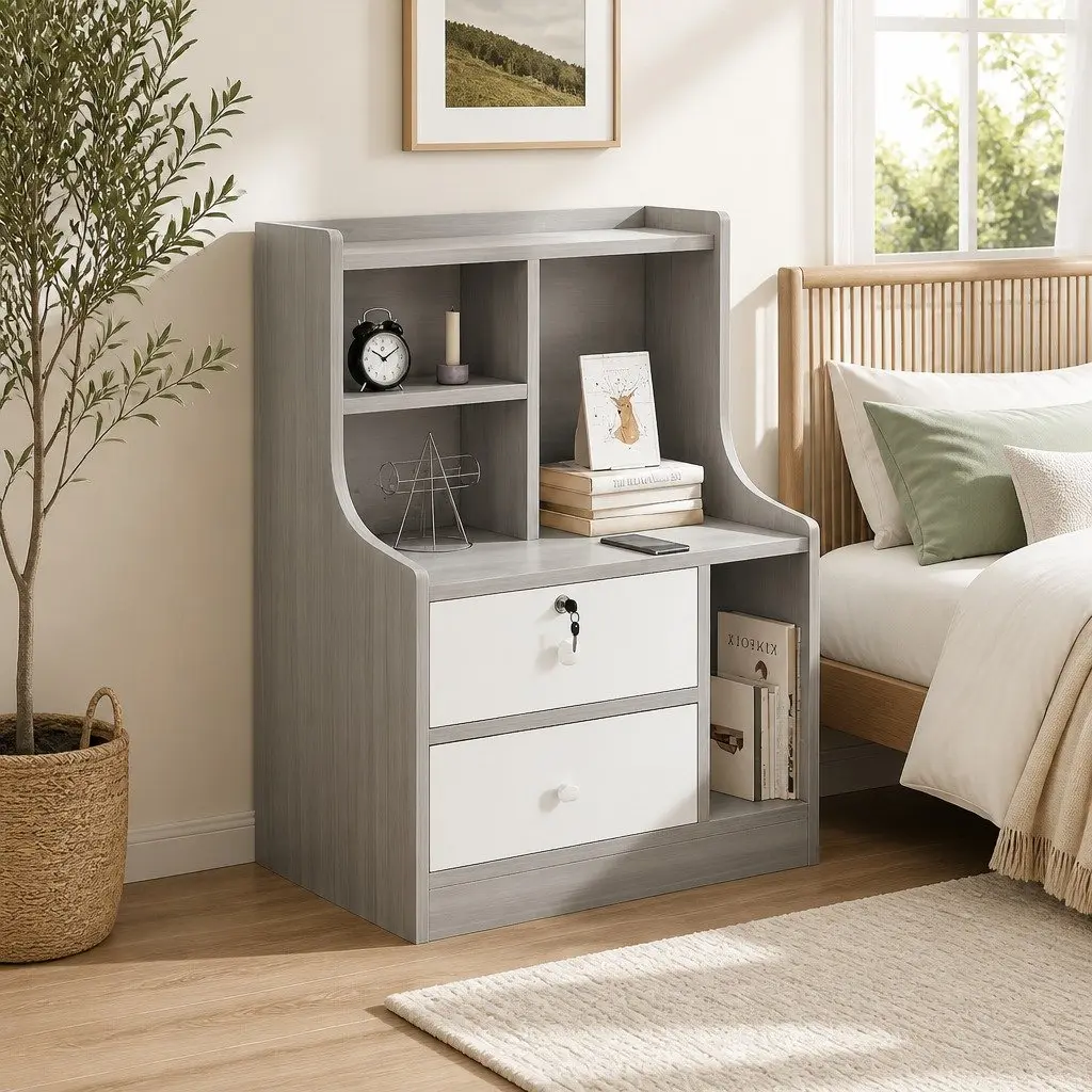 Bedside Table Light Gray 70cm 2 Drawers Open Shelf Storage