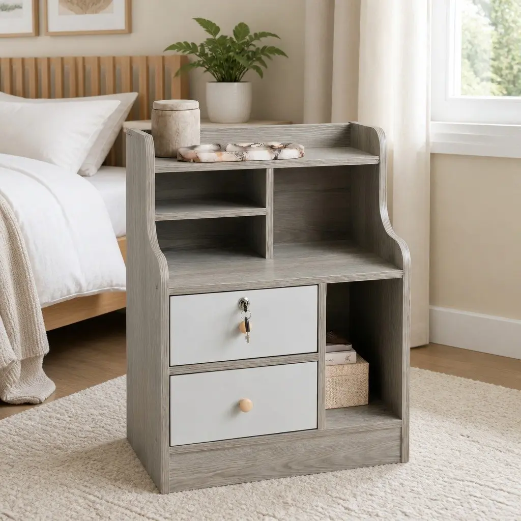 Bedside Table Light Gray 70cm 2 Drawers Open Shelf Storage