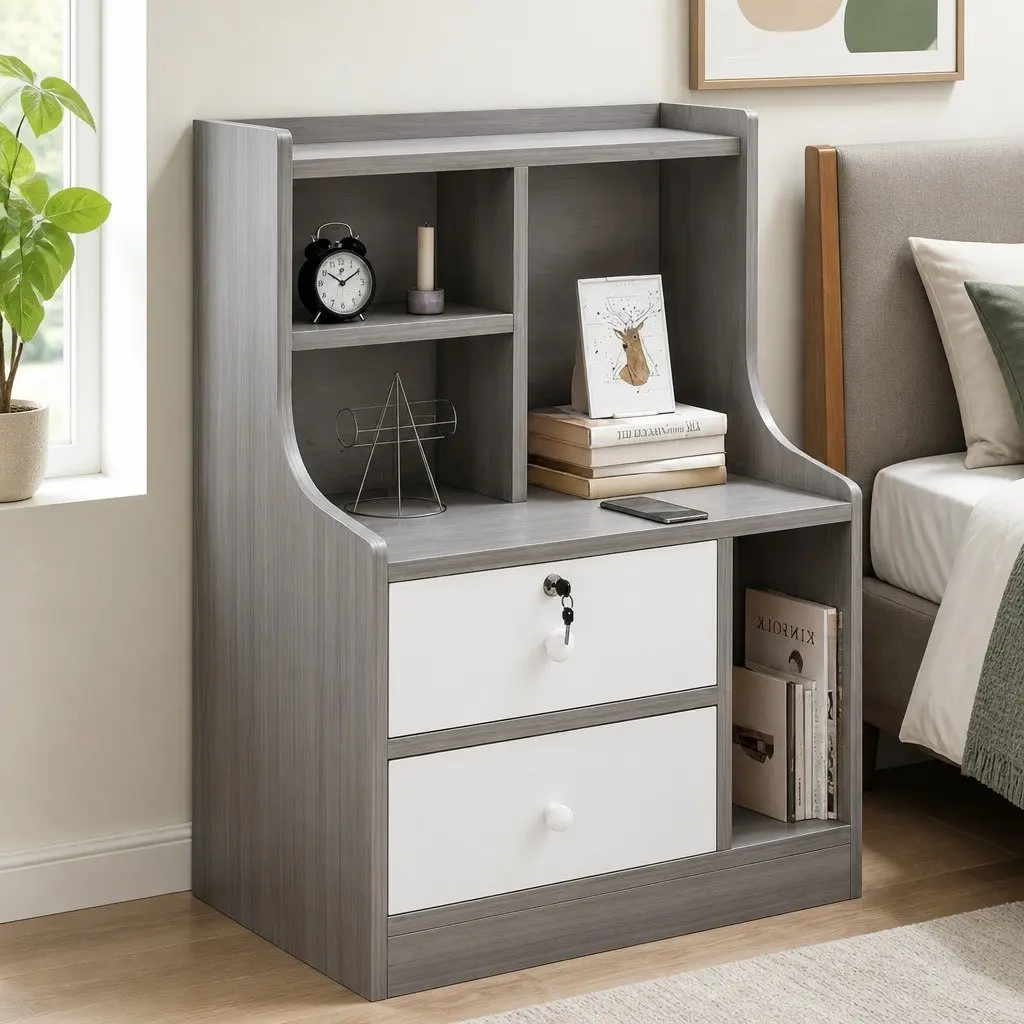 Bedside Table Light Gray 70cm 2 Drawers Open Shelf Storage
