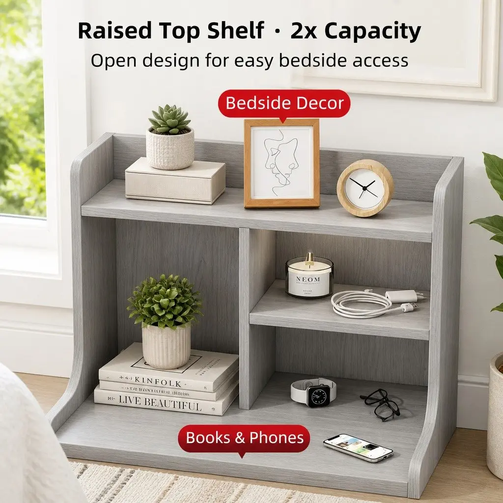 Bedside Table Light Gray 70cm 2 Drawers Open Shelf Storage