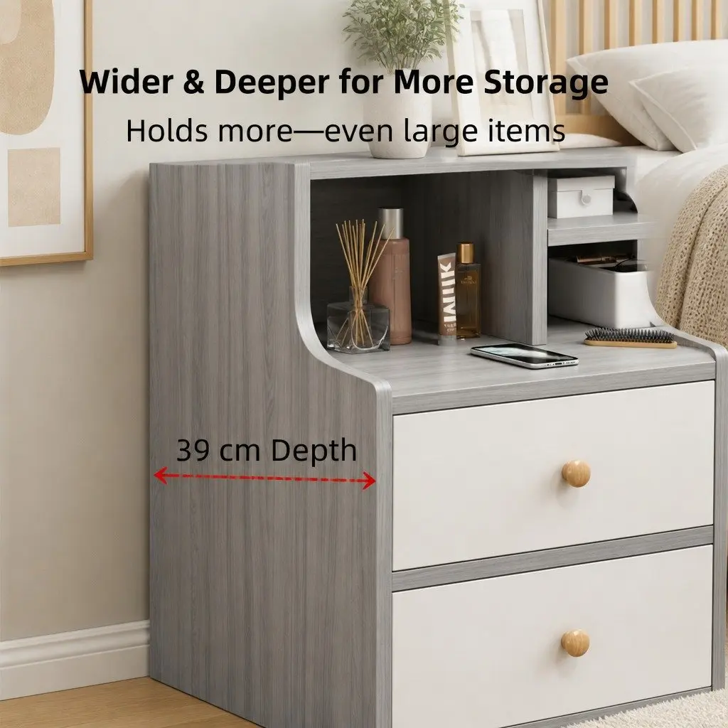 Bedside Table Light Gray 70cm 2 Drawers Open Shelf Storage