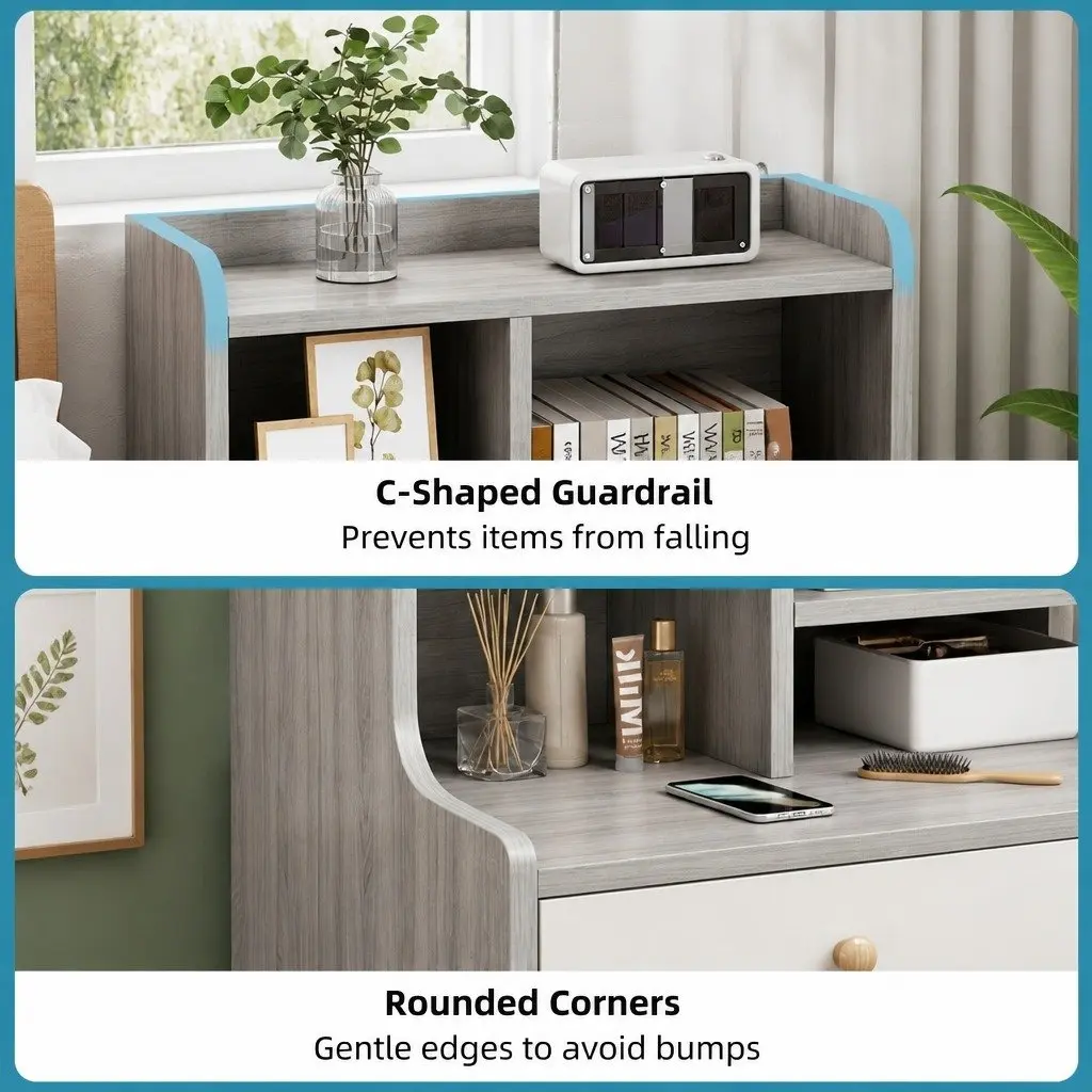 Bedside Table Light Gray 70cm 2 Drawers Open Shelf Storage