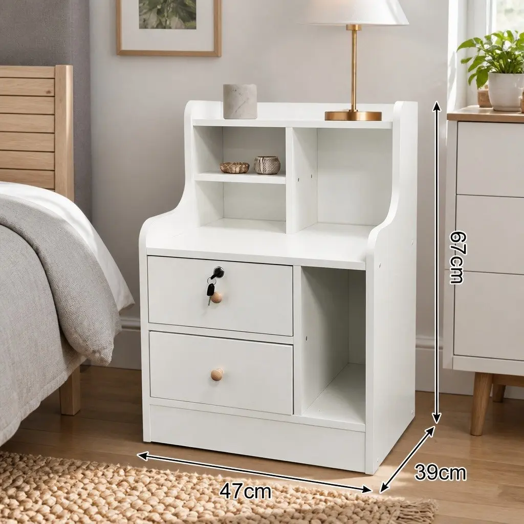 Bedside Table White Wooden Nightstand Drawer Storage Shelf Minimalist Design