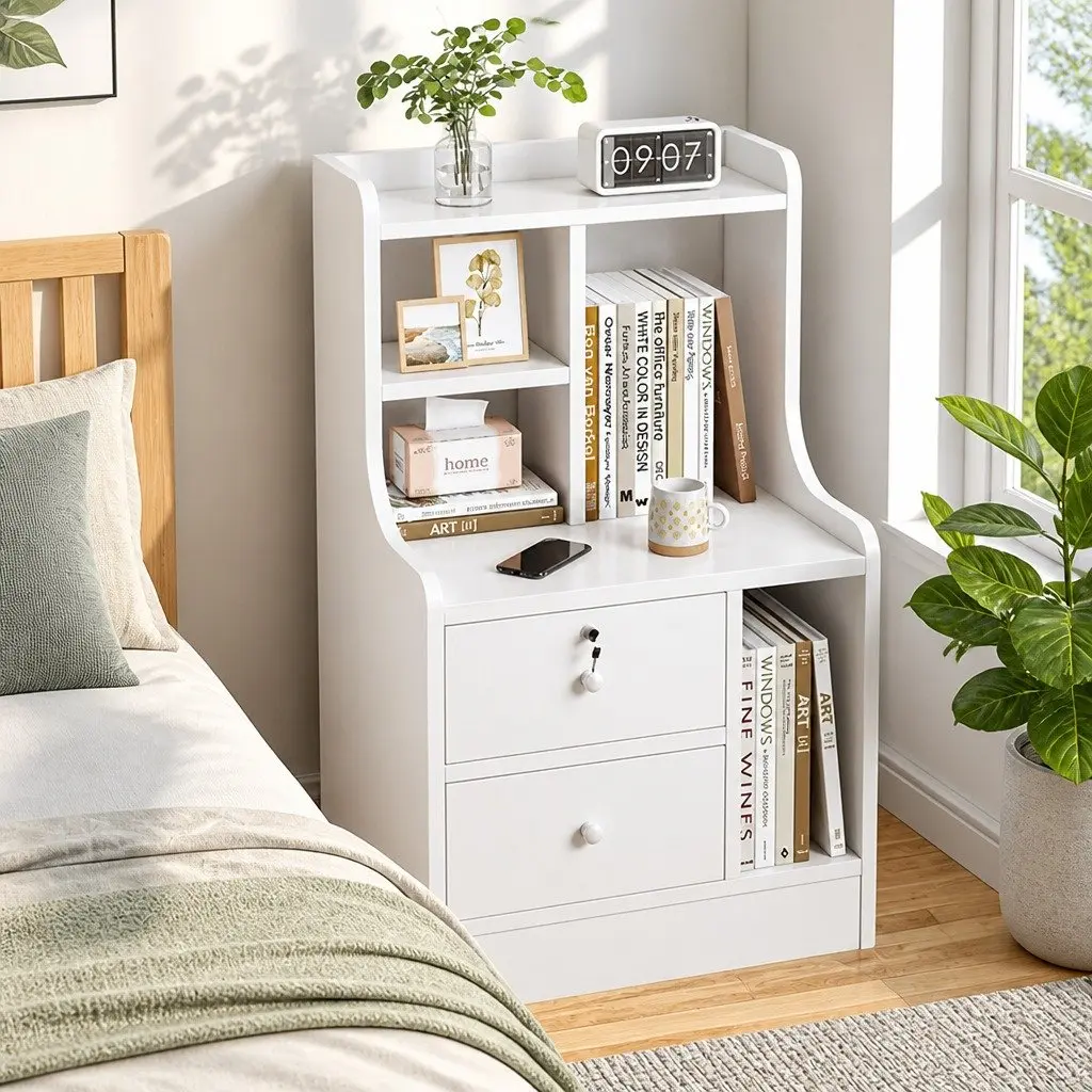 Bedside Table White Wooden Nightstand Drawer Storage Shelf Minimalist Design