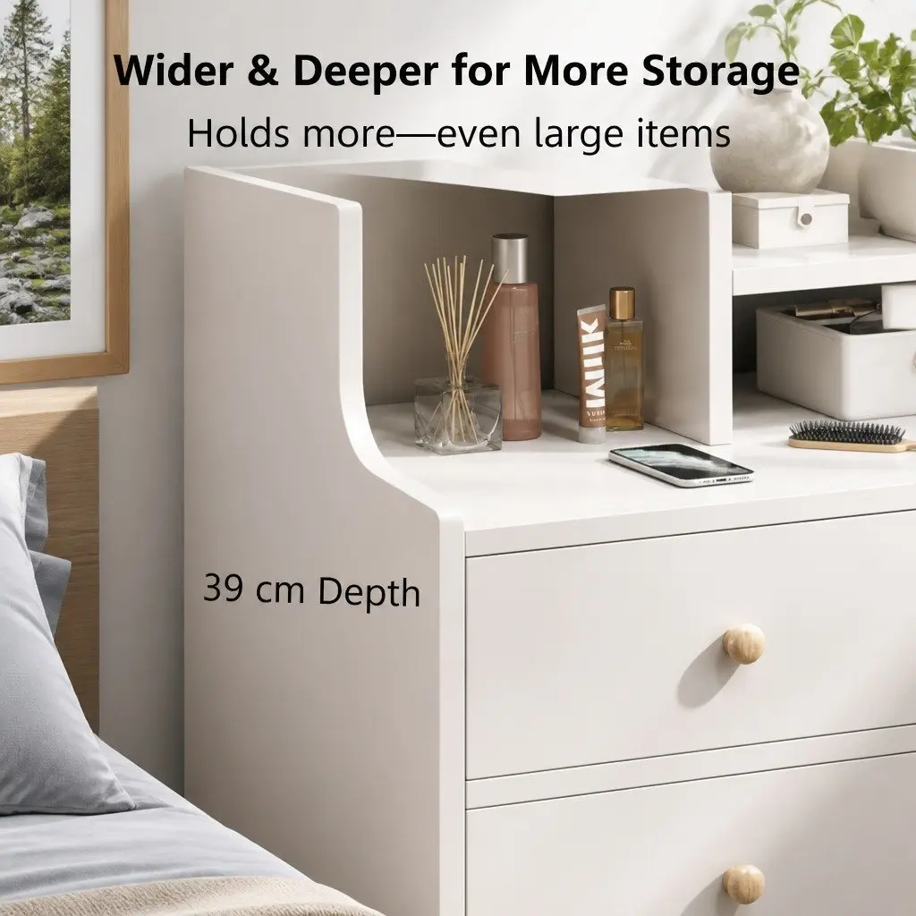 Bedside Table White Wooden Nightstand Drawer Storage Shelf Minimalist Design