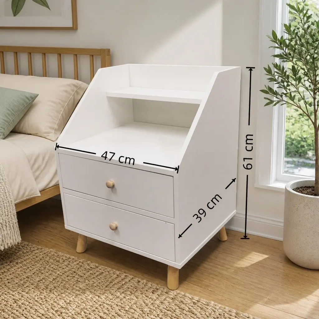 Bedside Table Warm White 47 cm with 2 Drawers and Open Shelf