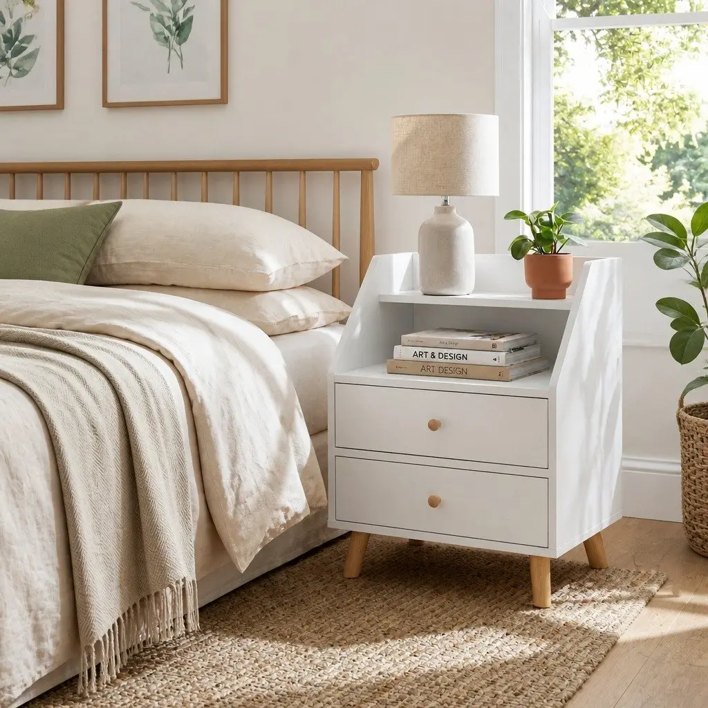 Bedside Table Warm White 47 cm with 2 Drawers and Open Shelf