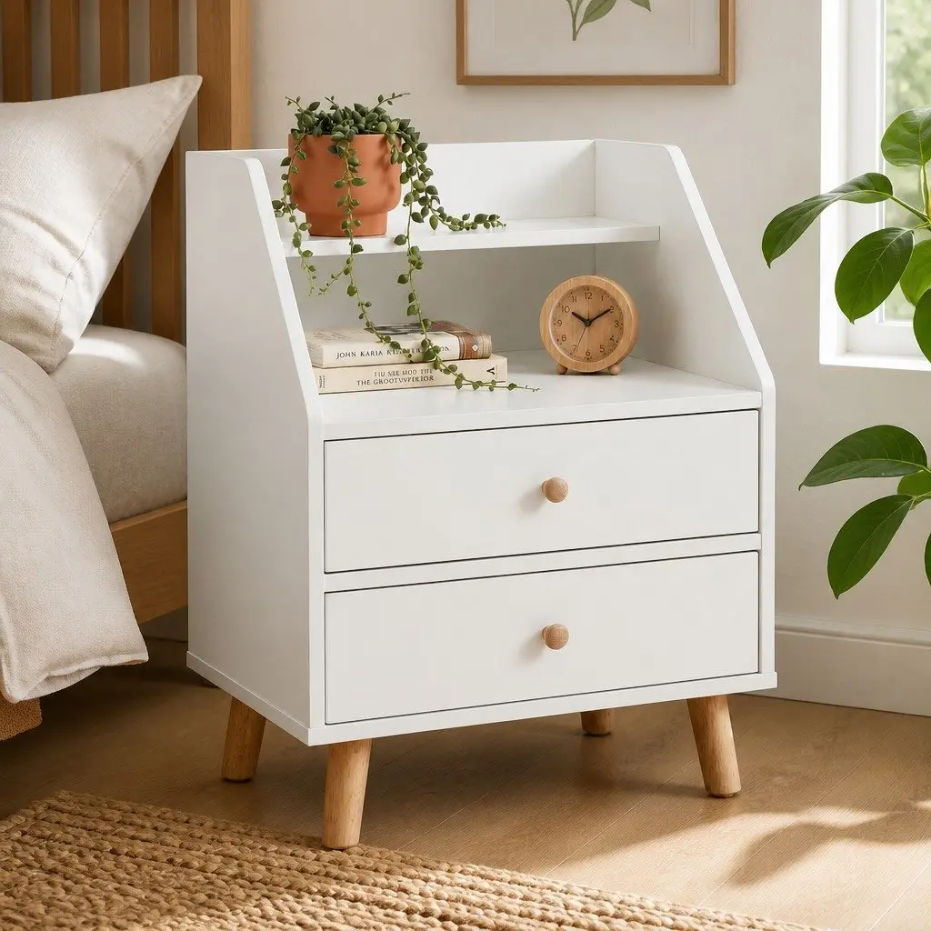 Bedside Table Warm White 47 cm with 2 Drawers and Open Shelf