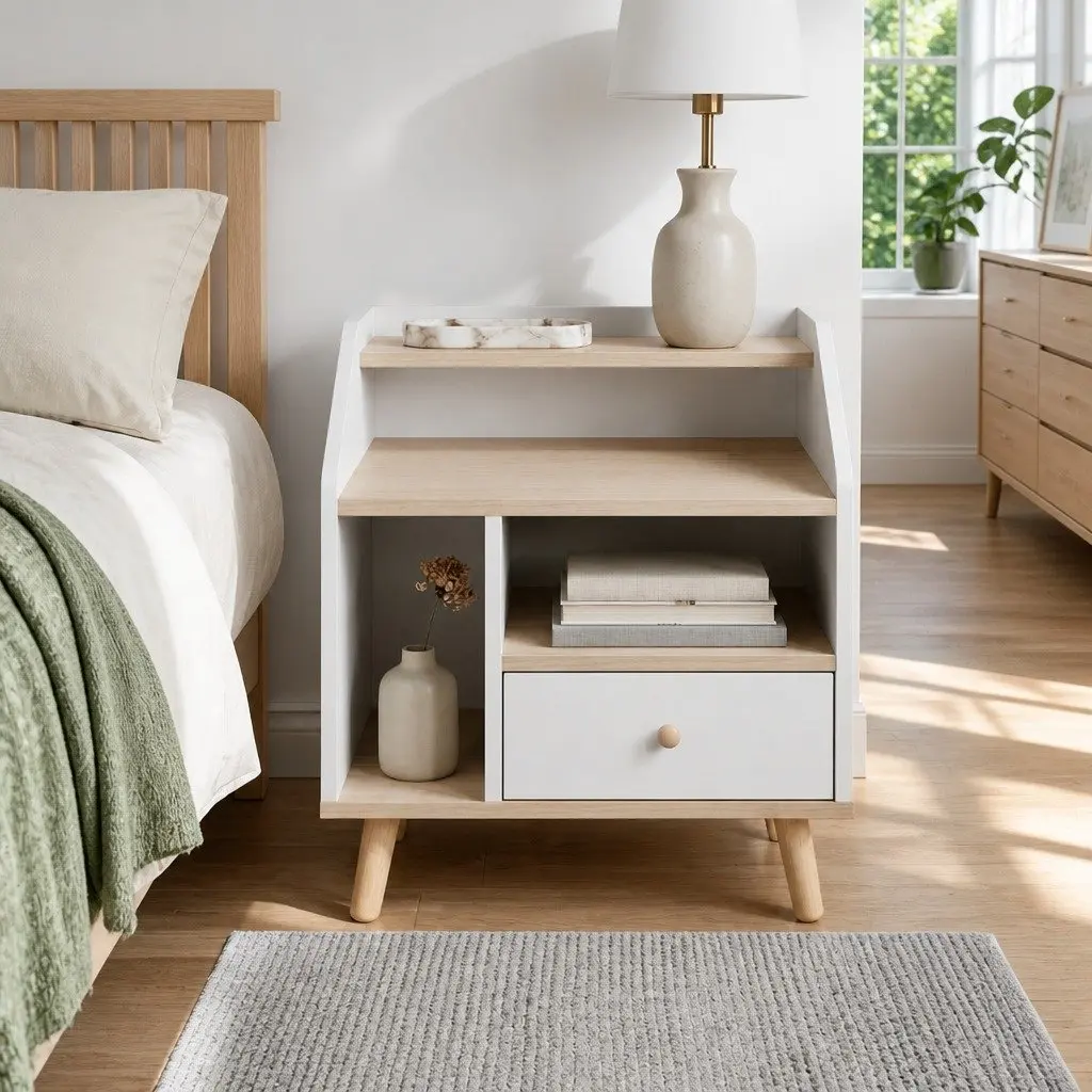 Nordic-Style Bedside Table Nightstand in White with 1 Drawer and Open Shelves 47