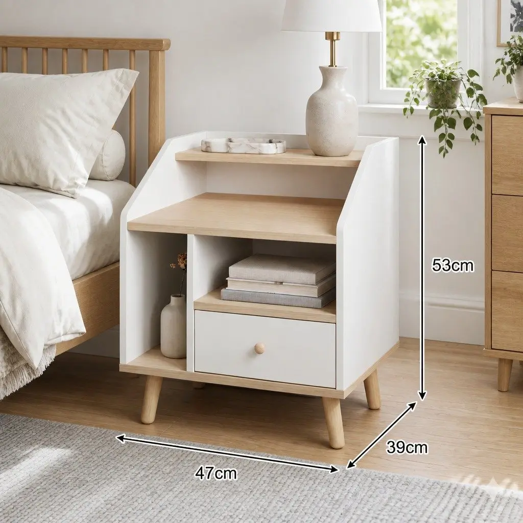 Bedside Table White 1 Drawer Open Shelves Nordic Style