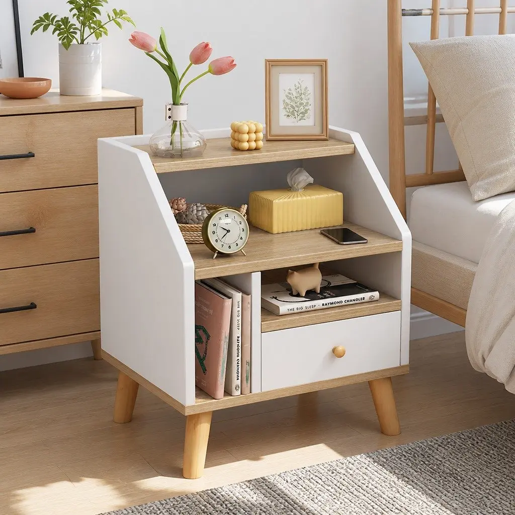 Bedside Table White 1 Drawer Open Shelves Nordic Style