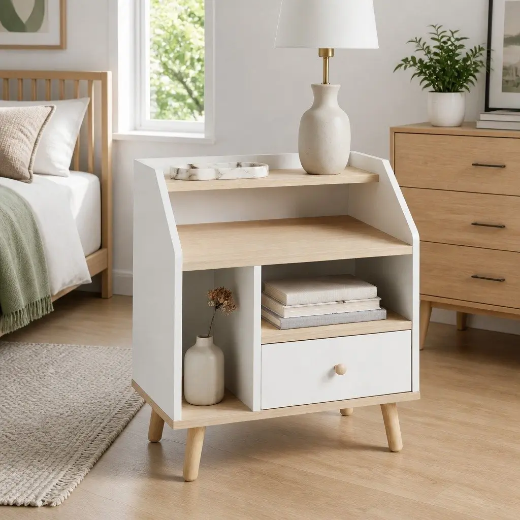 Bedside Table White 1 Drawer Open Shelves Nordic Style