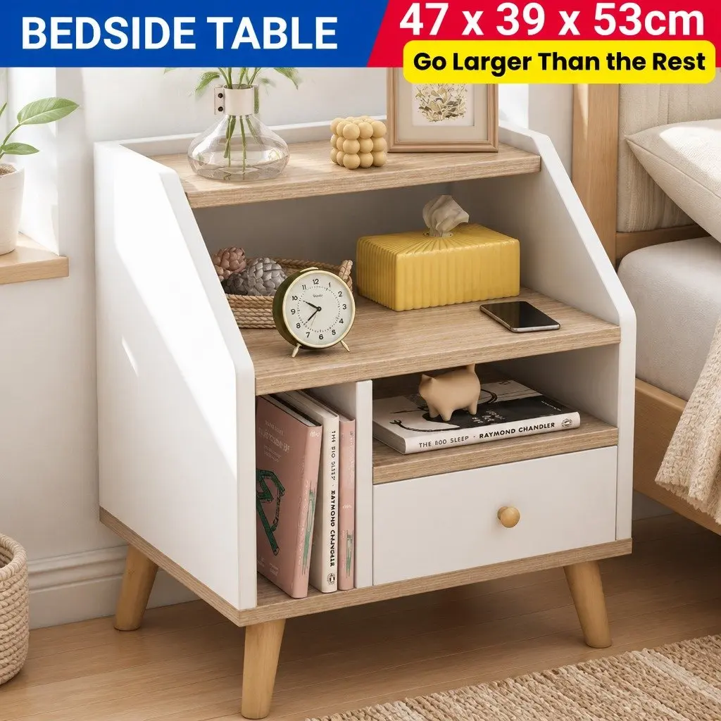 Bedside Table White 1 Drawer Open Shelves Nordic Style